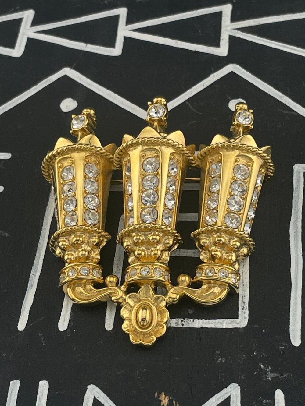 Kenneth Jay Lane KJL Paris Street Lamps Brooch Rhinestone Gold Tone Statement